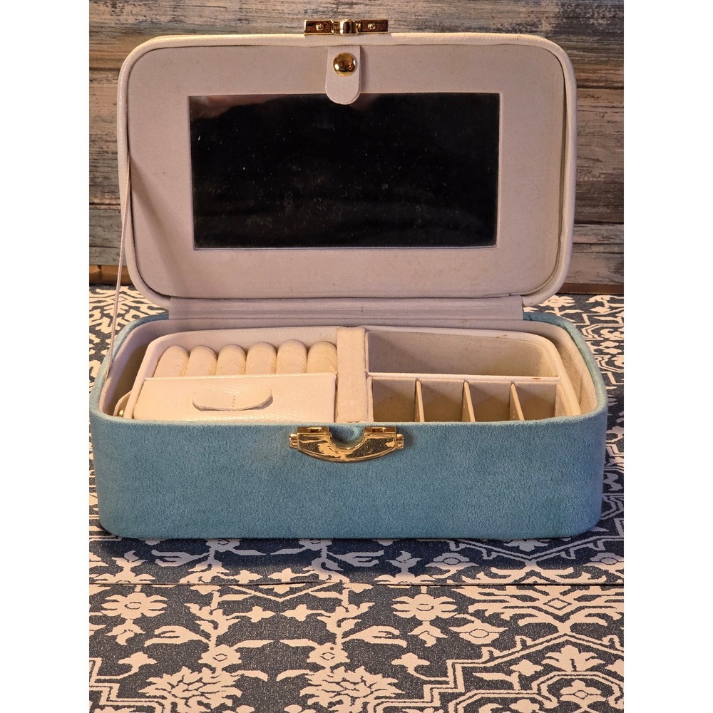 Jewelry Box Organizer Storage Case Teal Suede Faux Leather Mirror Handle Lock - Picture 4 of 12